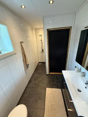 a bathroom with a toilet and a sink and a black door at Nyoppusset leilighet til leie in Isfjorden
