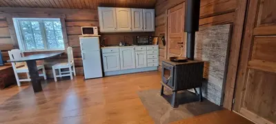 a kitchen with a stove in the middle of a room at Krøderen Laftet tømmerstue fra 2021