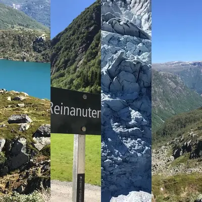 a collage of images of rocks and mountains at Near Trolltunga and centre of Odda in Odda