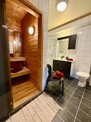 a bathroom with a toilet and a sink at Unique view! Modern apartment with sauna in Vossevangen