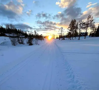 a snowy field with the sun setting in the distance at Cozy family cabin with fireplace and near ski trails in Lii