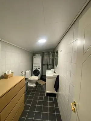 a small bathroom with a toilet and a sink at Furnished outhouse in Bergen