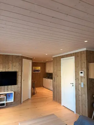 a living room with wooden walls and a white door at Apartment in the Center of Geilo in Geilo