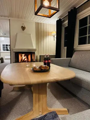 a coffee table in a living room with a fireplace at Cozy cabin in the middle of peaceful surroundings in Geilo