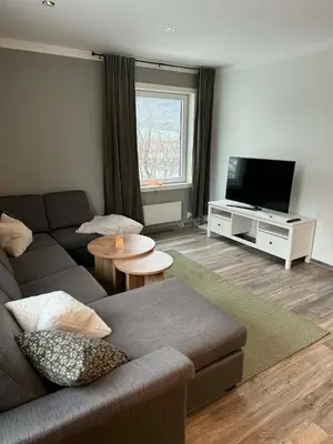 a living room with a couch and a flat screen tv at Large apartment, in the middle of Gol city center! in Gol