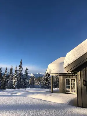 a building covered in snow with trees in the background at Modern and cozy cabin near ski slopes in Beitostøl