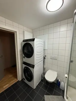 a washer and dryer in a bathroom with a toilet at Modern apartment in central Trondheim in Trondheim