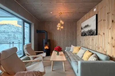 a living room with a couch and a fireplace at Modern ski-in-ski-out apartment in Hemsedal in Hemsedal