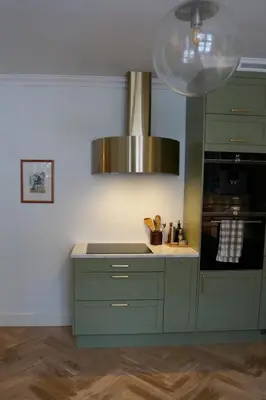 a kitchen with green cabinets and a silver hood at Charming apartment with balcony and view! in Ålesund