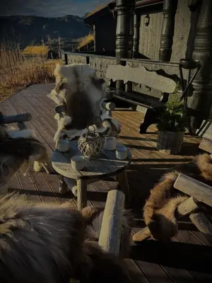 a dog sitting at a table with a tea pot at Great mountain cabin with 12 beds in Vågsli