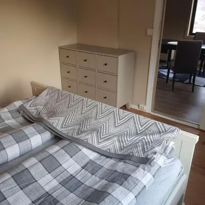 a bedroom with a bed and a dresser and a mirror at Great apartment overlooking Bergen in Bergen