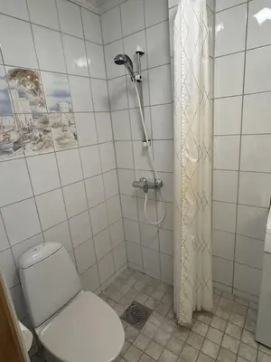 a white bathroom with a shower with a toilet at Cozy Studio in Lademoen, Trondheim in Trondheim