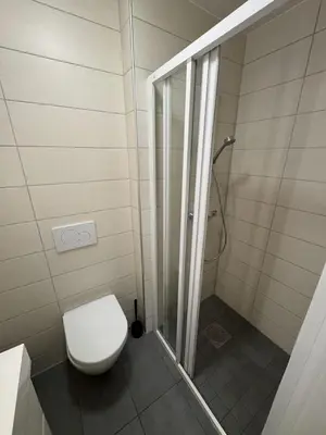 a bathroom with a toilet and a shower at Perfect central apartment Trondheim in Trondheim