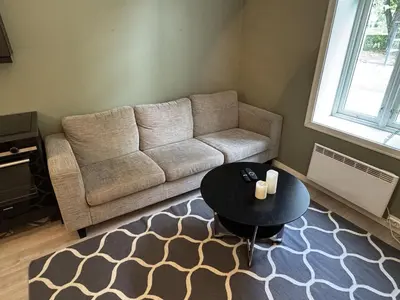 a living room with a couch and a table at Perfect central apartment Trondheim in Trondheim