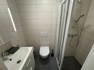 a bathroom with a shower and a toilet and a sink at Perfect central apartment Trondheim in Trondheim