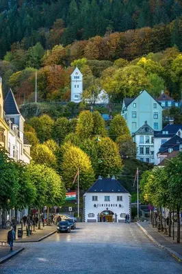 a street in a small town with a white building at Appartment Bergen, Skansen in Bergen