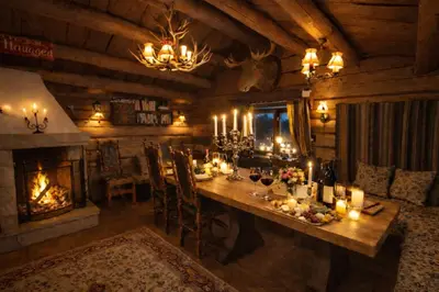 a dining room with a table and a fireplace at Historical & exclusive cabin - Ski in-out - 18 people in Nord-Fron