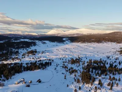 an aerial view of a snowy field with trees and mountains at Historical & exclusive cabin - Ski in-out - 18 people in Nord-Fron
