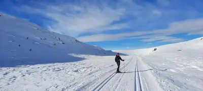 a person is skiing down a snow covered mountain at Log cabin in Valdres Fireplace Sauna 1000 m above sea level in Aurdal