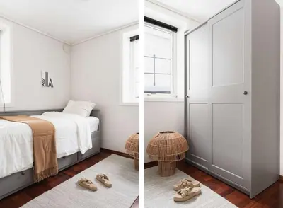 two pictures of a bedroom with a bed and shoes at Bright and cozy 2-bedroom apartment in Bergen