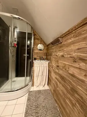 a bathroom with a shower and a wooden wall at Valhalla Hytte in Oppdal