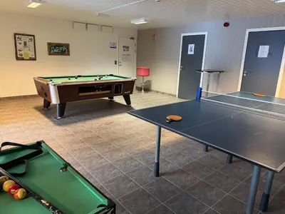 a room with a ping pong table and a ping pong ball at Oppheim Mountain Resort - Pool, Sauna & Lake! in Vossevangen