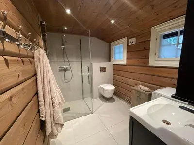 a bathroom with a shower and a toilet and a sink at Hjemmekoselig Hytte Ved Øyangen in Beitostøl