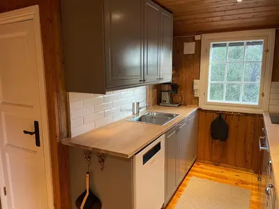 a kitchen with wooden cabinets and a sink and a window at Hjemmekoselig Hytte Ved Øyangen in Beitostøl
