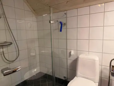 a bathroom with a shower and a toilet at Koselig Leilighet Med Flott Utsikt in Beitostøl