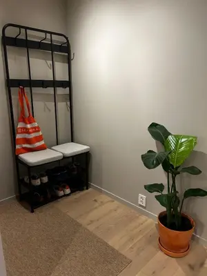 a shelf in a room with a potted plant at Fantastic village apartment in Bergen in Bergen