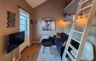 a living room with a blue couch and a television at 2 Bedroom Cozy Apartment In Røldal in Røldal