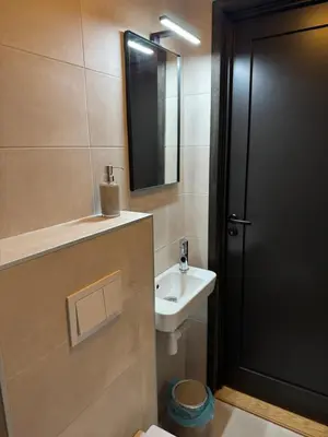 a bathroom with a sink and a mirror at Langelandsvik Gard Birdbox