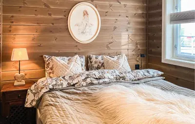 a bedroom with a bed and a picture on the wall at Stunning Home In Bjorli With Sauna in Bjorli