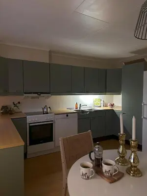 a kitchen with green cabinets and a table with cups on it at Great house Hamar, stay close to Mjøsa at Domkirkeodden in Hamar