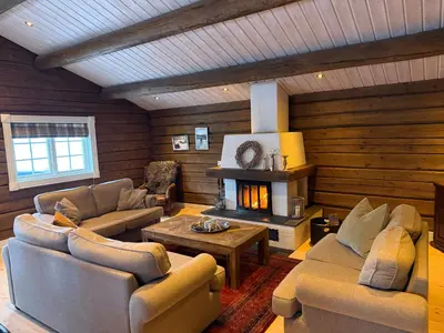 a living room with two couches and a fireplace at Cabin at Fageråsen - 4 roomed family cabin for skiing in Trysil in Trysil