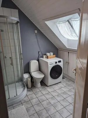 a bathroom with a washing machine and a toilet at Apartment centrally located in Trondheim in Trondheim