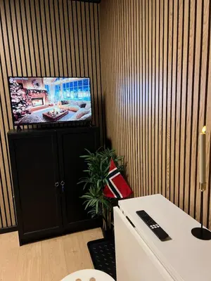 a room with a tv on a wall with a table at Central Bergen Stay for Families & Groups-6 Guests in Bergen