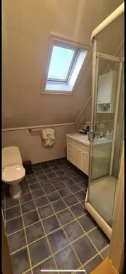a bathroom with a shower and a toilet and a sink at Central Stay Odda in Odda