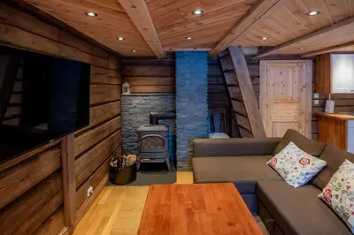 a living room with a couch and a stove at Trysilfjellet Sør 802 Anex in Trysil