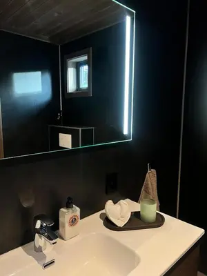 a bathroom with a sink and a mirror at Reno Hytta in Eggedal