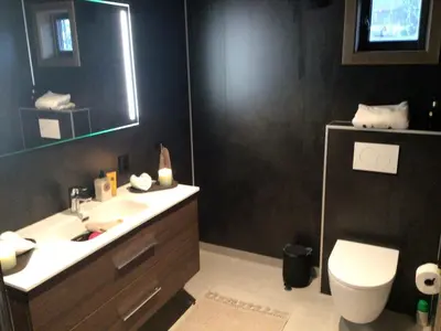 a bathroom with a sink and a toilet and a mirror at Reno Hytta in Eggedal