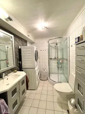 a bathroom with a shower and a toilet and a sink at Solbakken, nice Apartment by the Sea in Ålesund in Ålesund