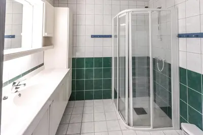 a bathroom with a shower and a sink at Bakkebyvegen 22A in Trysil