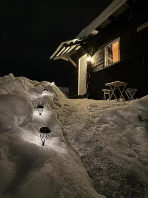 a yard covered in snow with two lights in it at Musekroken in Elverum