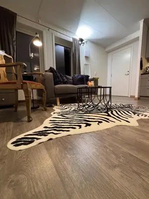 a living room with a zebra rug on the floor at Moderne leilighet med 2 soverom for jobb og ferie in Raufoss