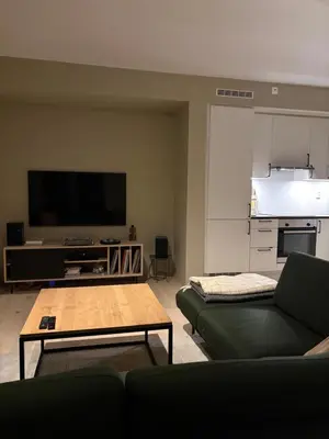 a living room with a couch and a tv at New modern apartment, close to airport in Bergen