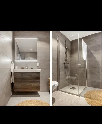 two pictures of a bathroom with a shower and a toilet at New modern apartment, close to airport in Bergen
