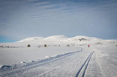 a person is skiing down a snow covered road at Lykka - lovely cabin with amazing view in Torpo