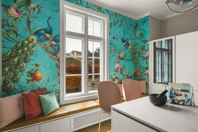 a dining room with a peacock wallpaper at NEW Listing! Unique Villa in Bergen in Bergen