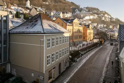 a view of a city street with buildings at NEW! I Modern Comfort in the Heart of Bergen in Bergen
